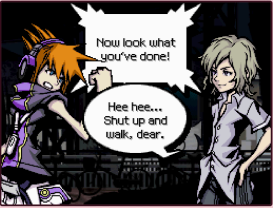 Neku is angry at Joshua as Joshua plays along, calling Neku 'dear'.