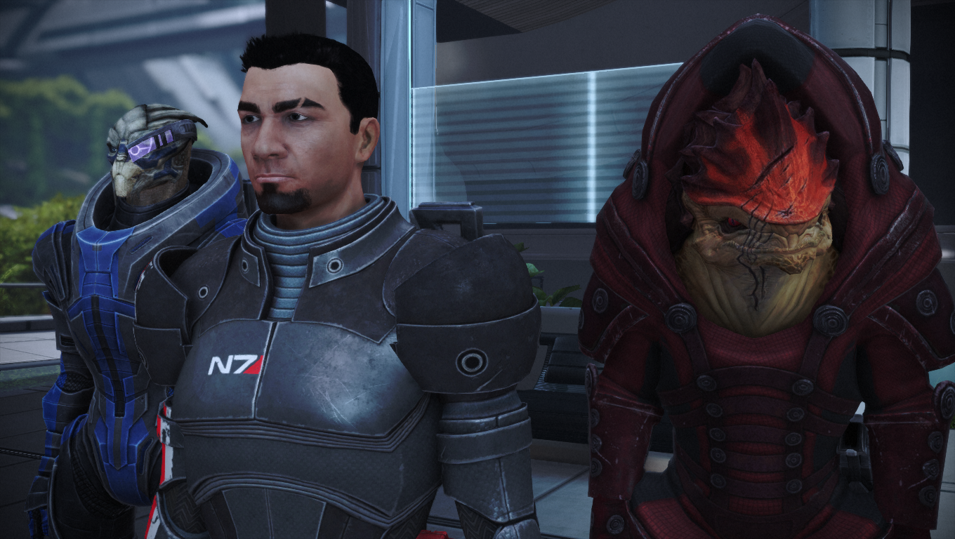 Commander Shephard, Garrus and Wrex in the Citadel.