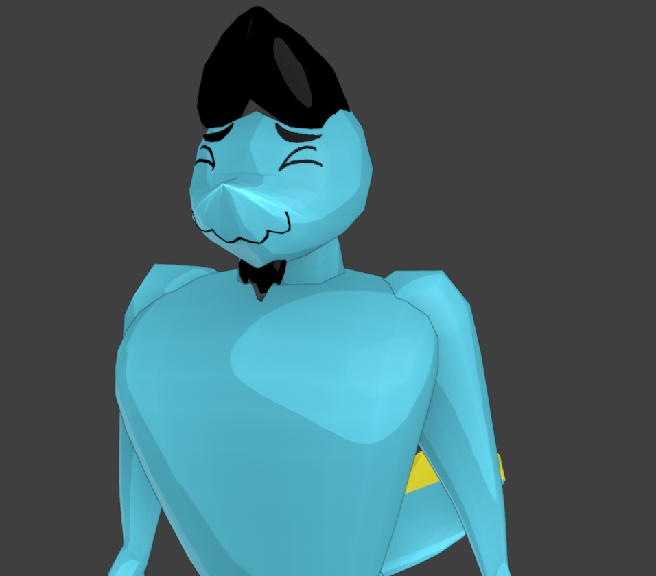 A blue anthro shark model grinning.