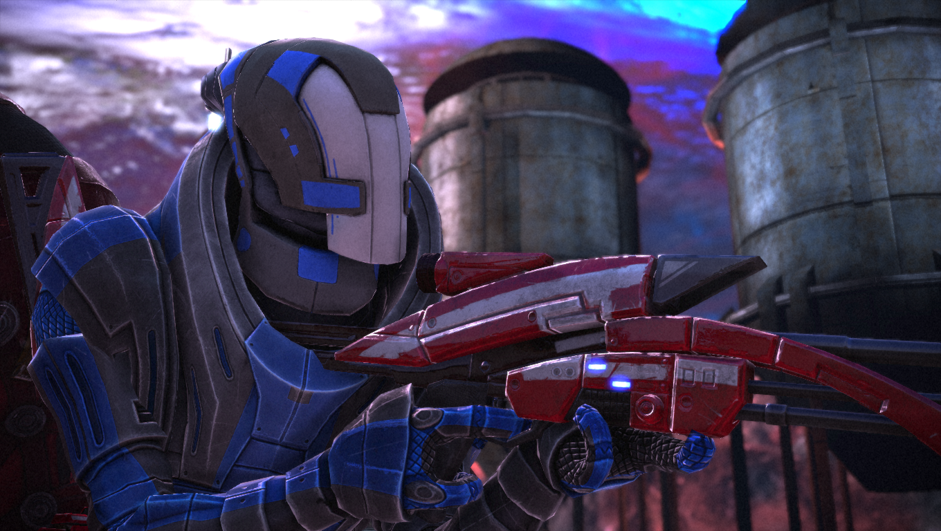 Garrus shooting a gun in full armor.