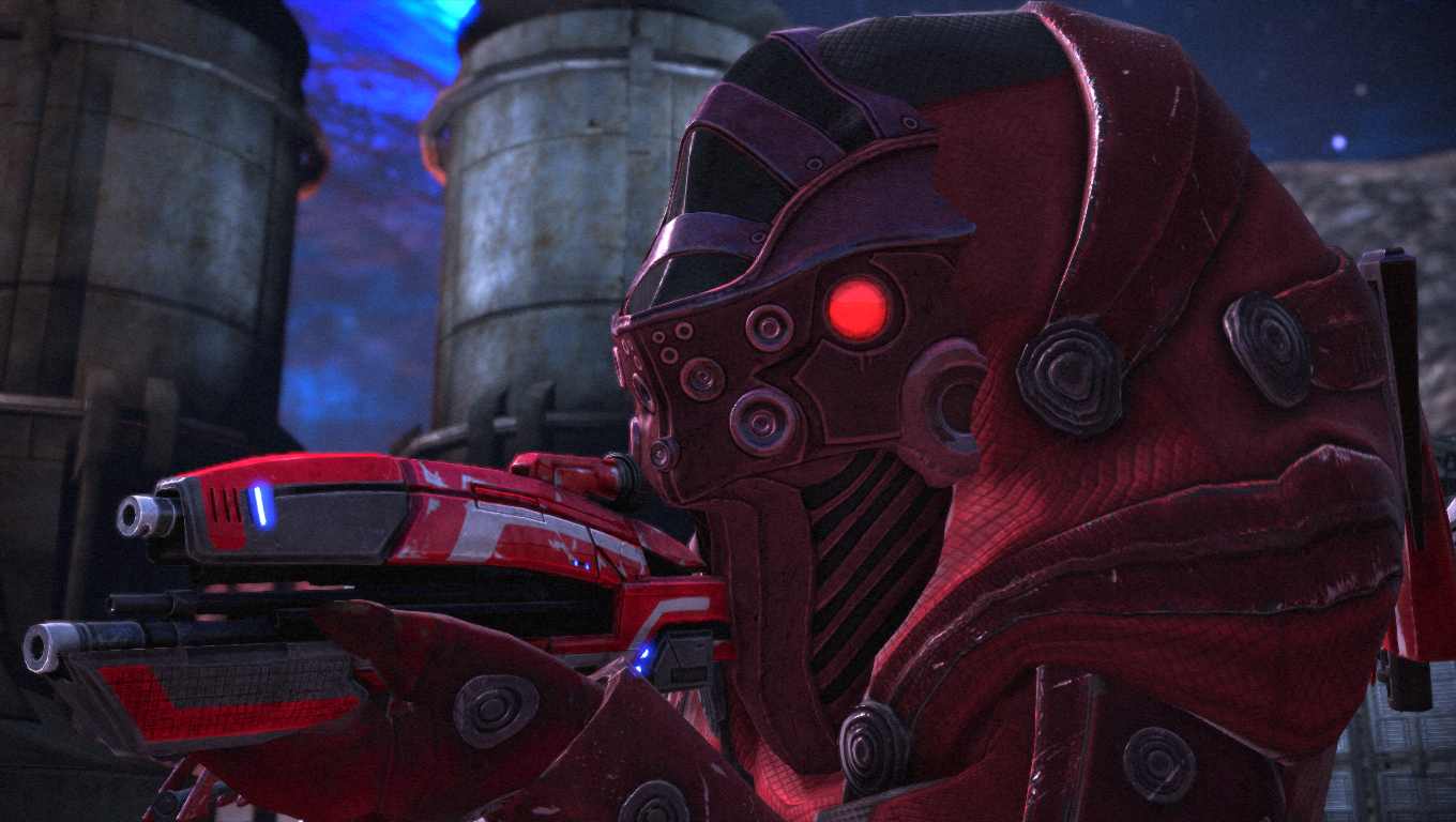 Wrex shooting a gun in full armor.