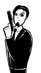 An illustration of a secret agent in a suit with a gun and a goatee.