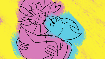 A sketch of an inteleon carrying a shiny weavile as they kiss.