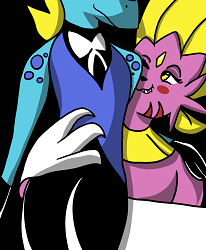 An illustration of a shiny weavile affectionately grabbing an inteleon by the waist.