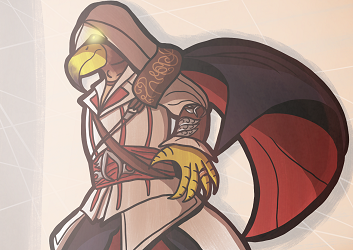 An illustration of Ezio Auditore as a hawk with a cool cape and a glowing eye.