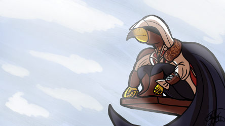An illustration of Eagle Ezio perched on top of a tower.