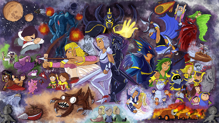 An illustration of the most memorable characters and moments from Final Fantasy IV.