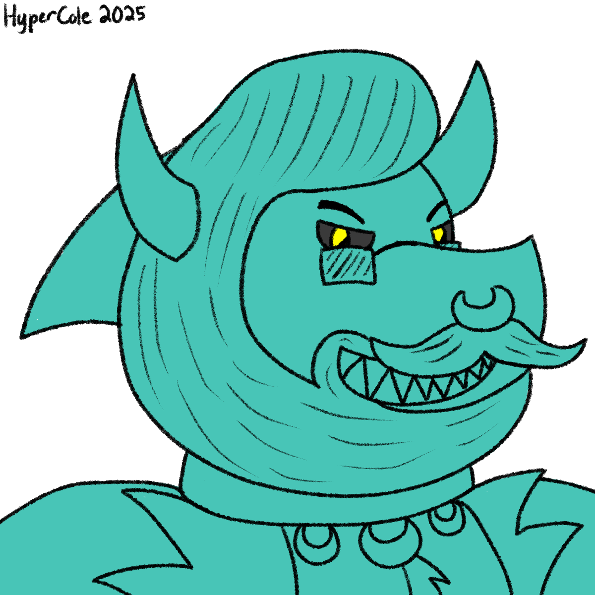 An illustrated anthropomorphic greaser bullshark with a beard.