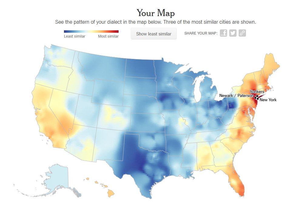 A dialect chart showing the quiztaker having a New York dialect.