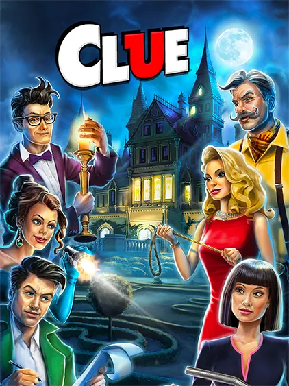 An illustration of the cast of Clue in front of the default mansion.