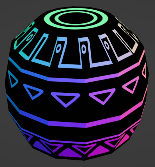 A blender model of a black vase with geometric rainbow patterns.