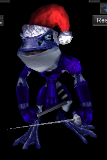 A blue frog man wearing a santa hat.