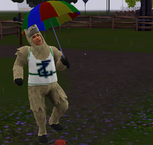 A man in a llama costume with an umbrella and a cheery grin.