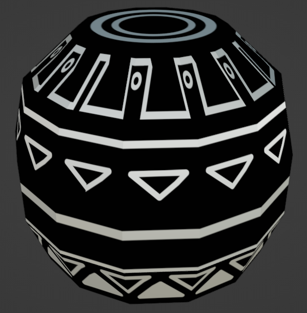 A blender model of a black vase with white geometric patterns.