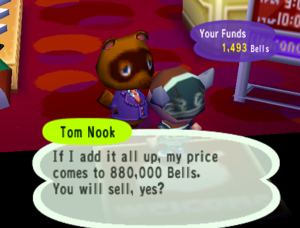 A tanuki businessman offering 880k bells to the player character in Animal Crossing.