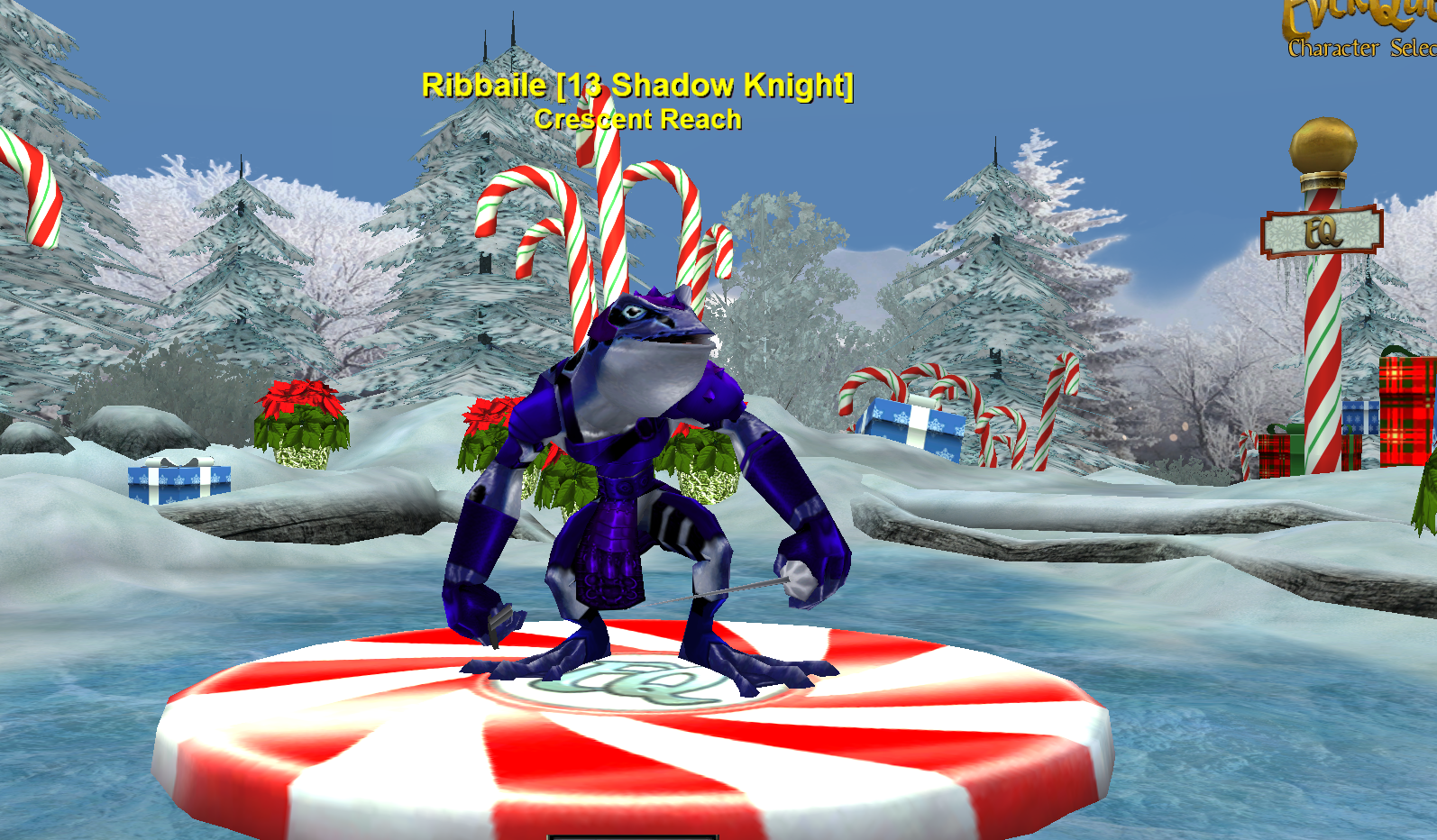 A blue frog on the Everquest login screen with a winter background..