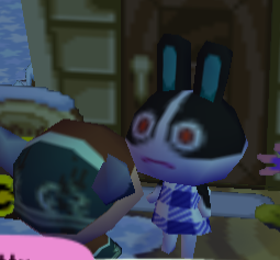 A bunny girl with red eyes from Animal Crossing looking like she's seen some shit.