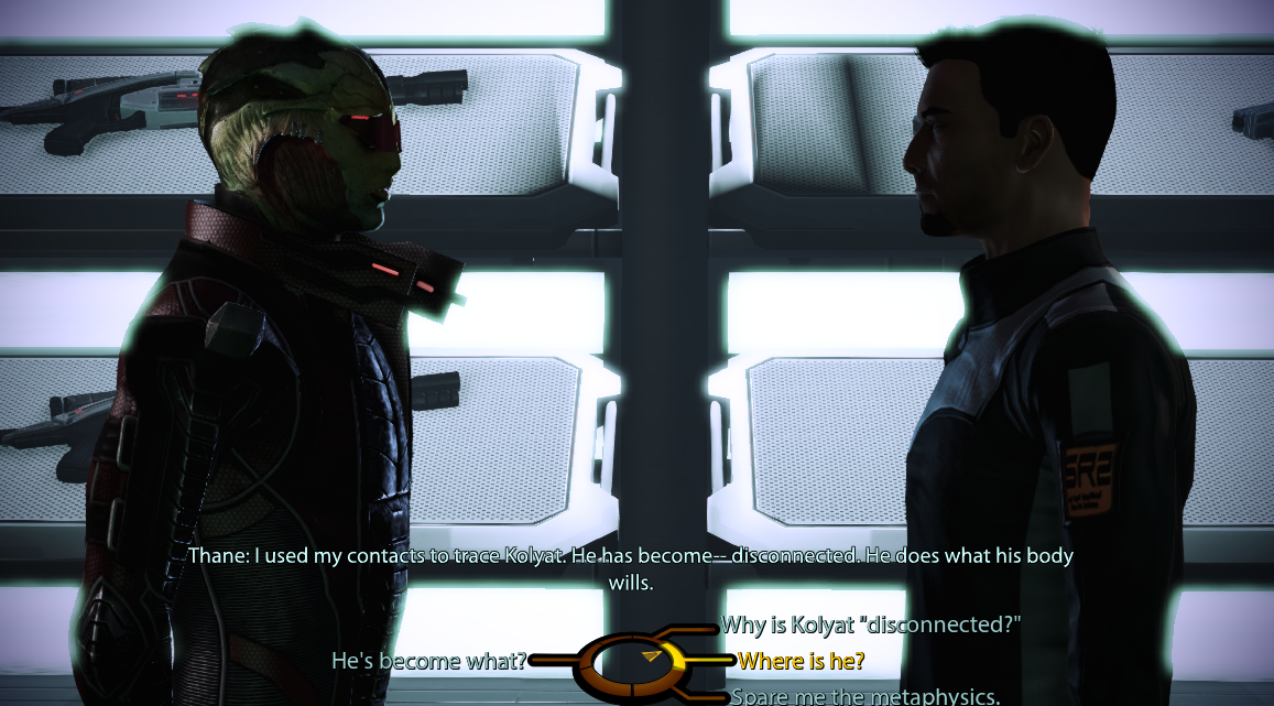 Thane and Commander Shephard face each other as they are silhouetted in light.