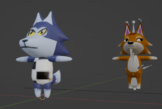 A low poly Animal Crossing wolf model next to a high poly reference model.