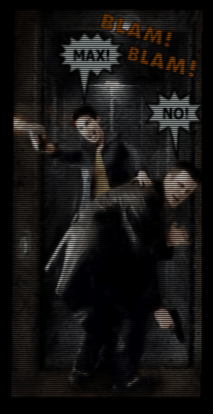 An uncanny comic panel of Mona Sax taking a bullet for Max Payne.