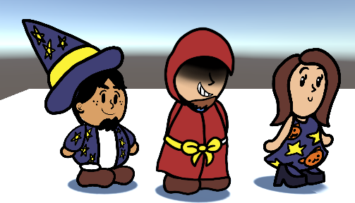 A robed villain, a short wizard, and a regular girl standing together.