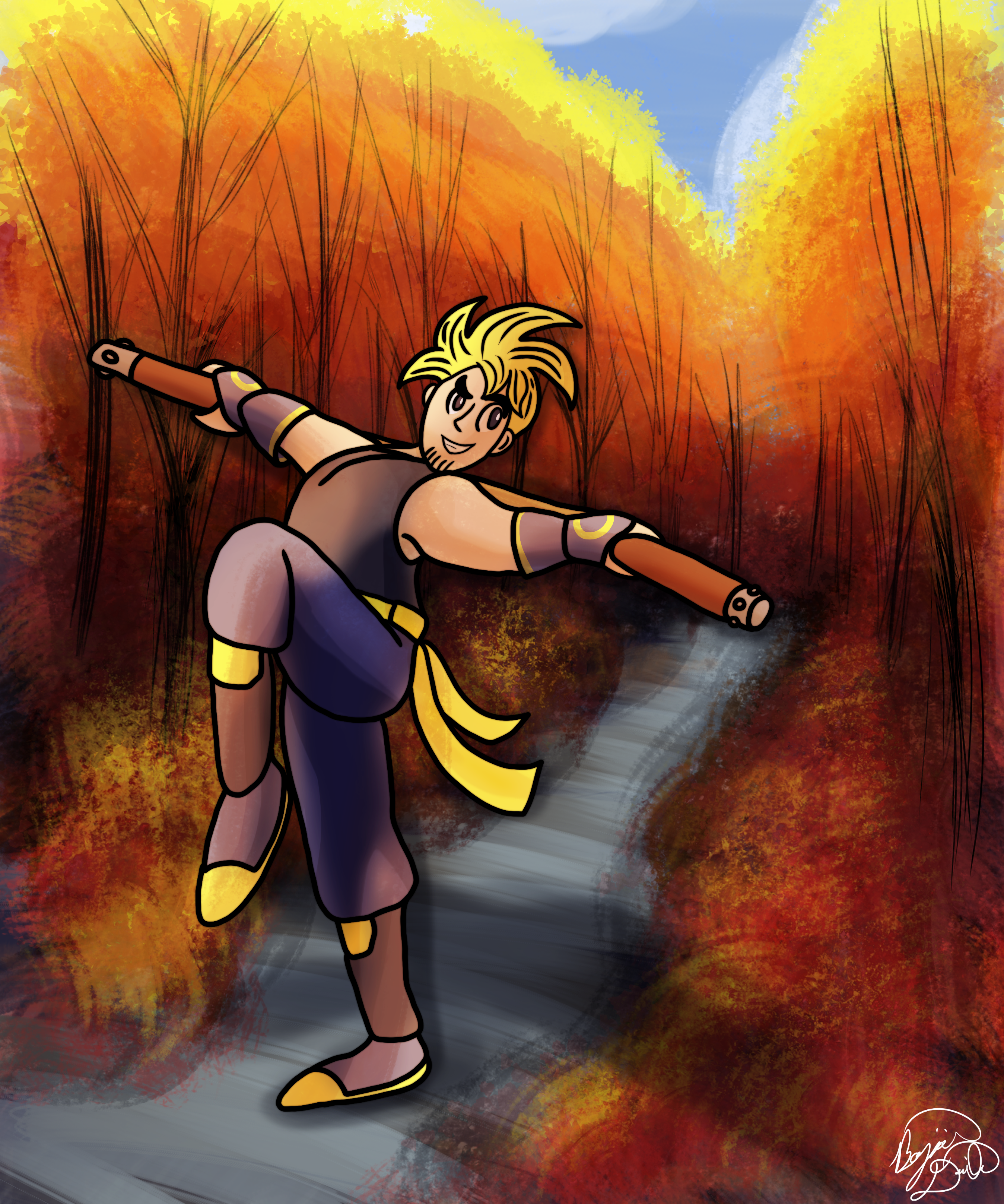 An illustration of a warrior standing in an autumn forest with a sword.