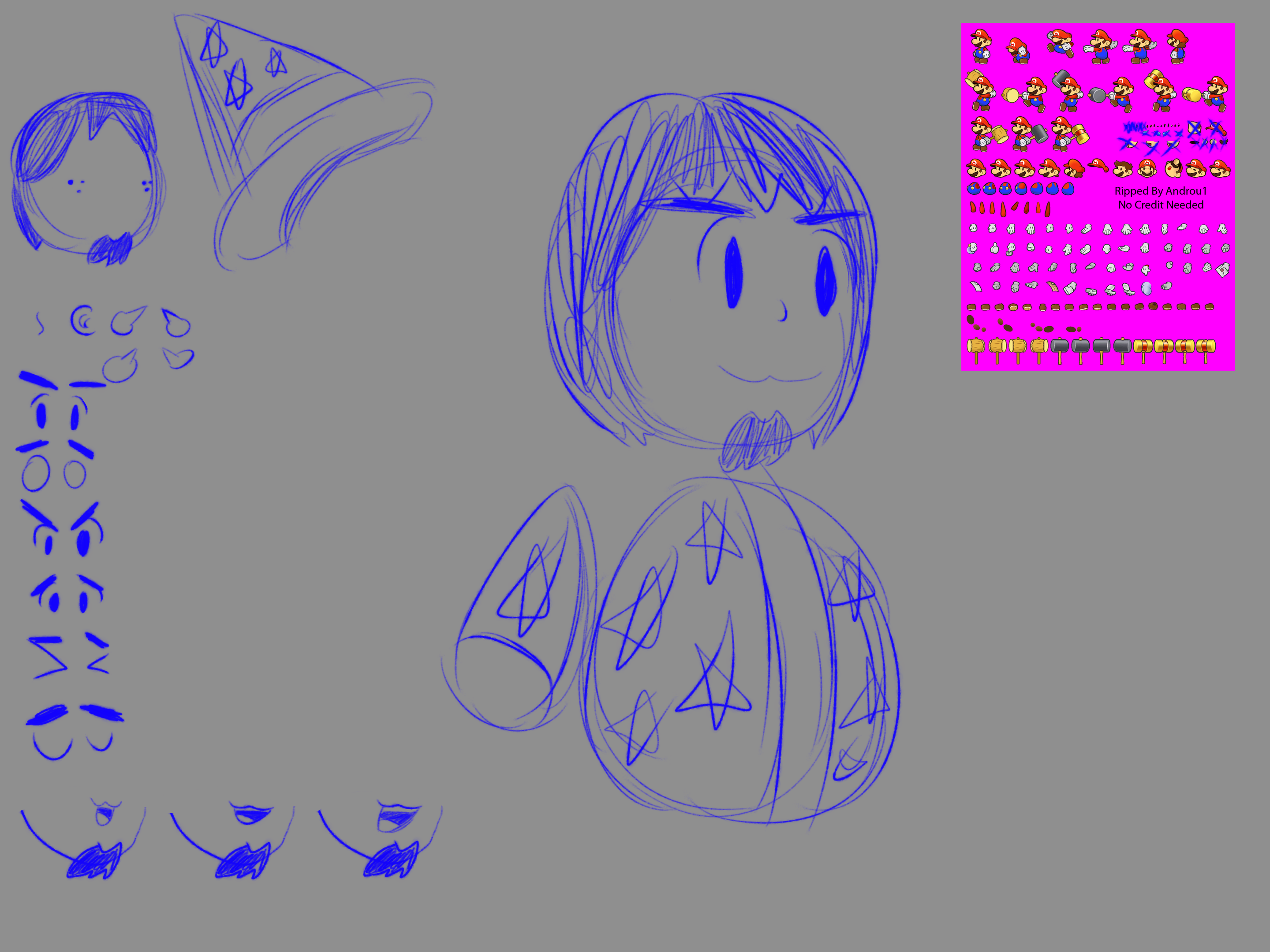 A sketch of a wizard broken up into parts next to the sprite sheet for Paper Mario.