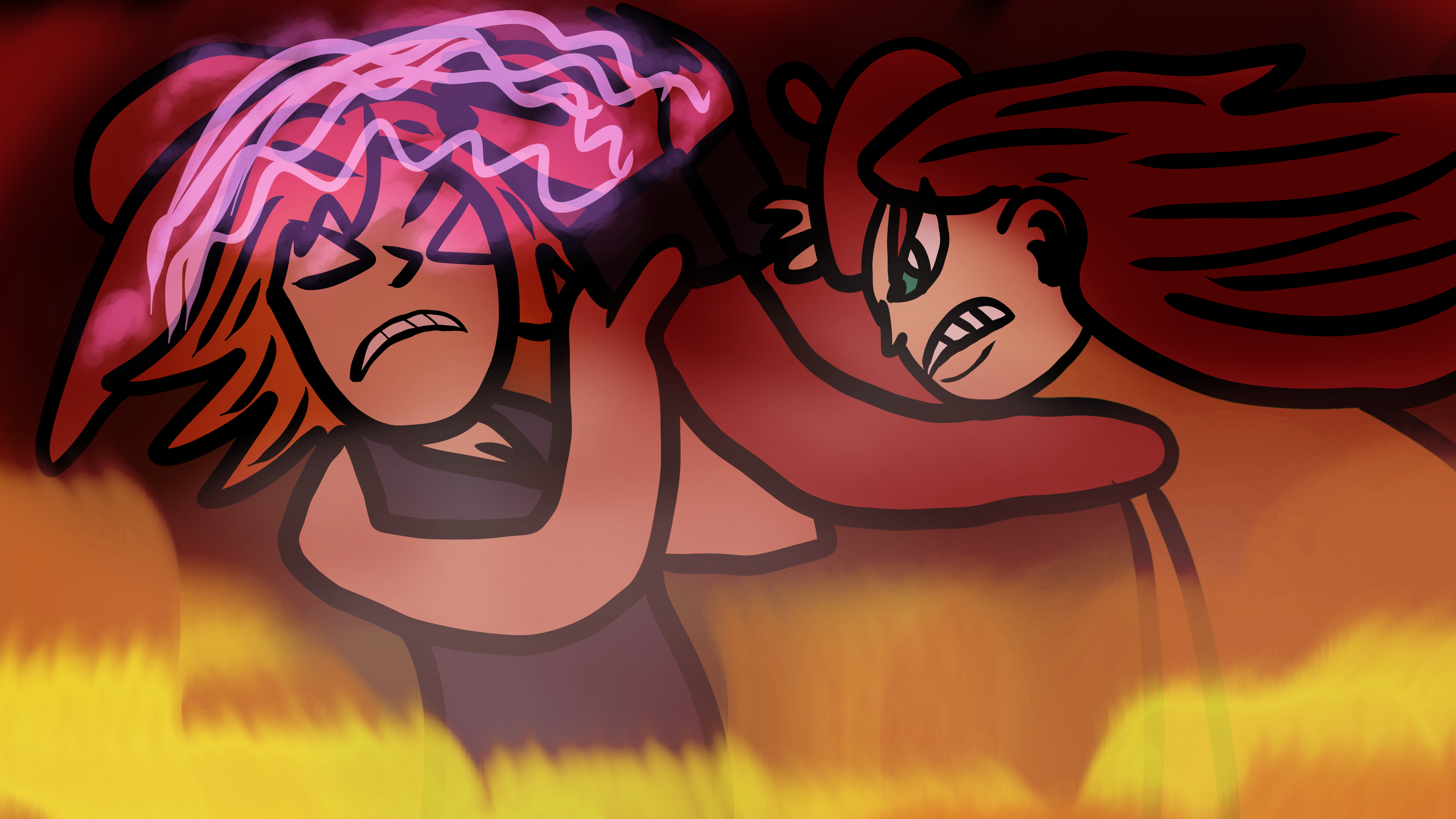 An illustration of a woman using electric powers on another woman as flames surround them.