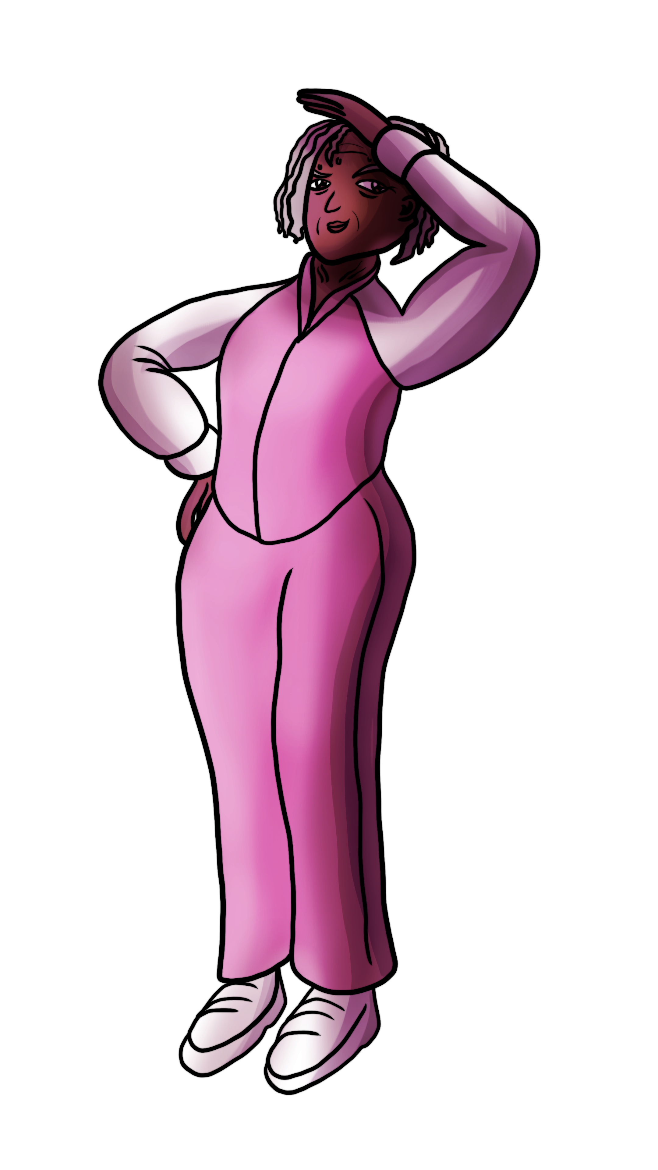 An illustration of an old woman with a pink tracksuit.