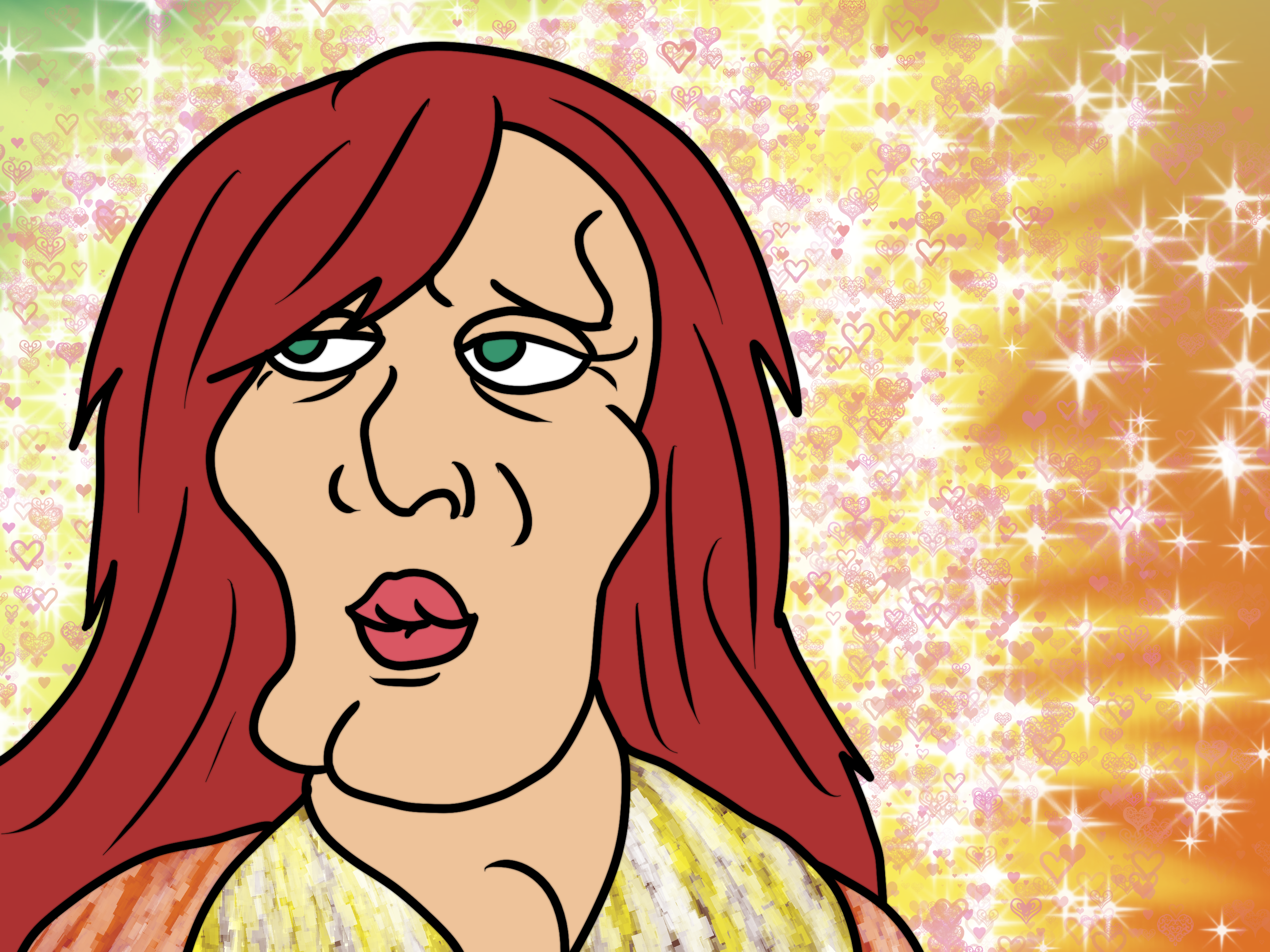 An illustration of a woman with an exaggerated face in the style of Handsome Squidward.