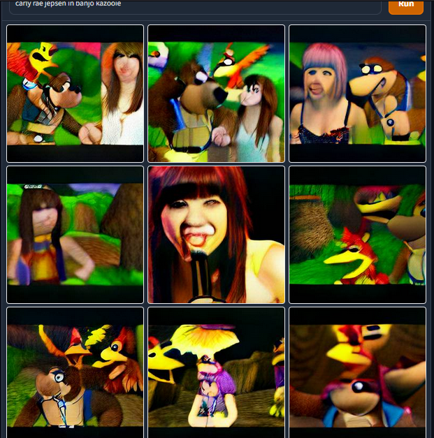 Poorly generated images of Carly Rae Jepsen with Banjo Kazooie.