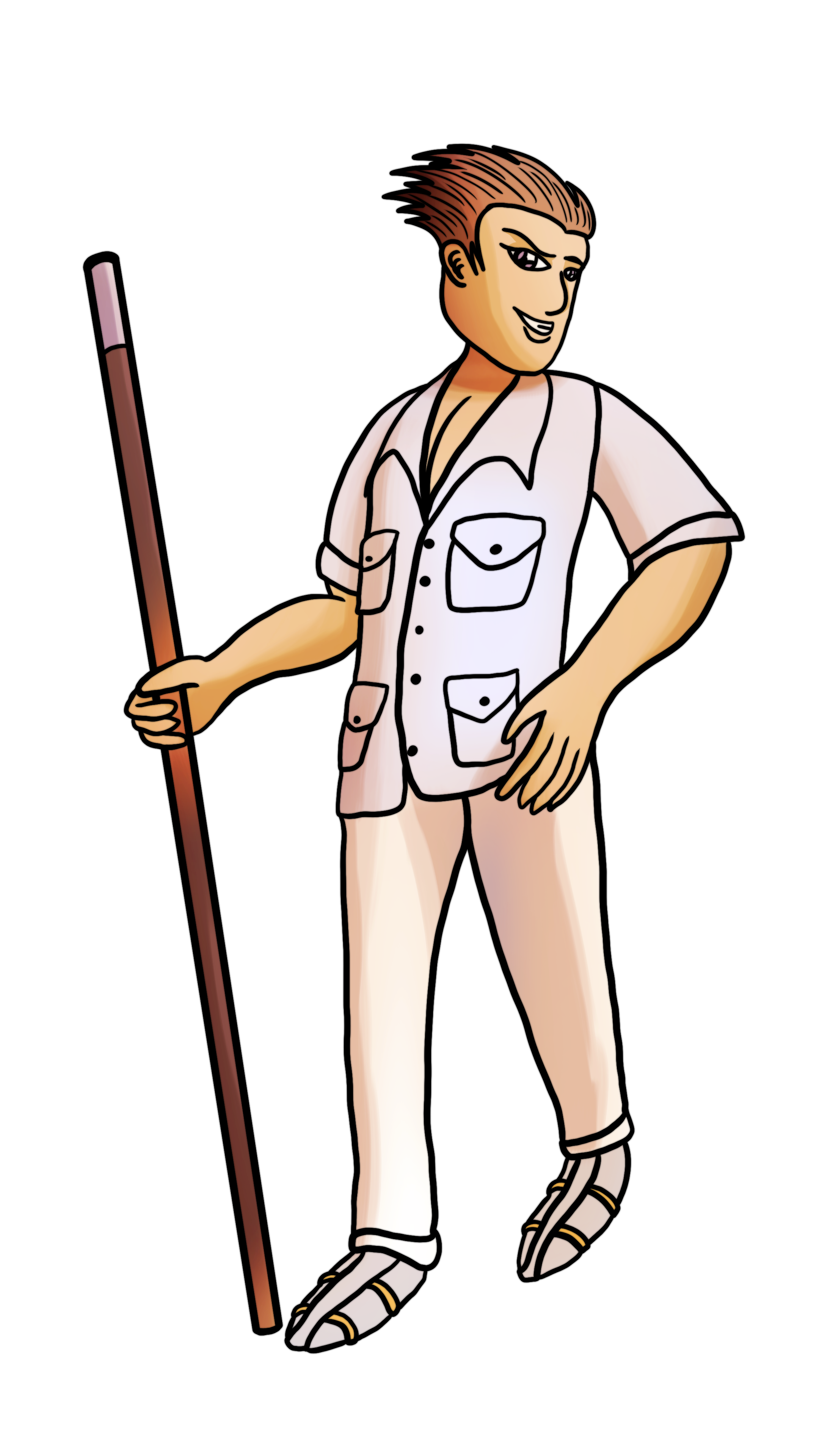 An illustration of a smug man with a billiards stick.