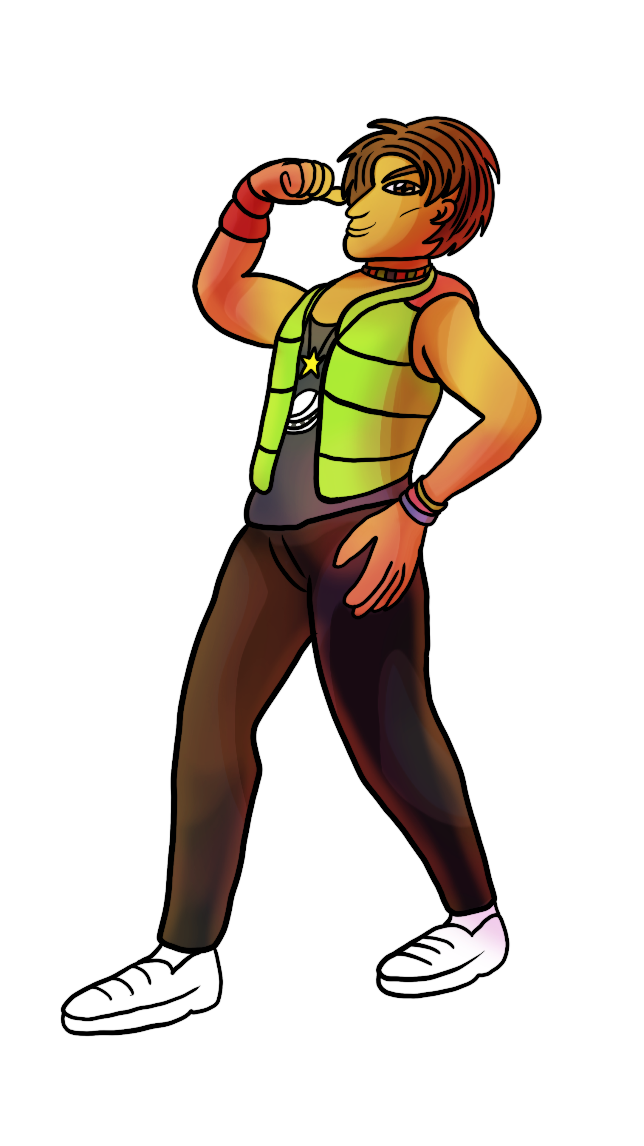 An illustration of a teenager with a bright green puffy vest.