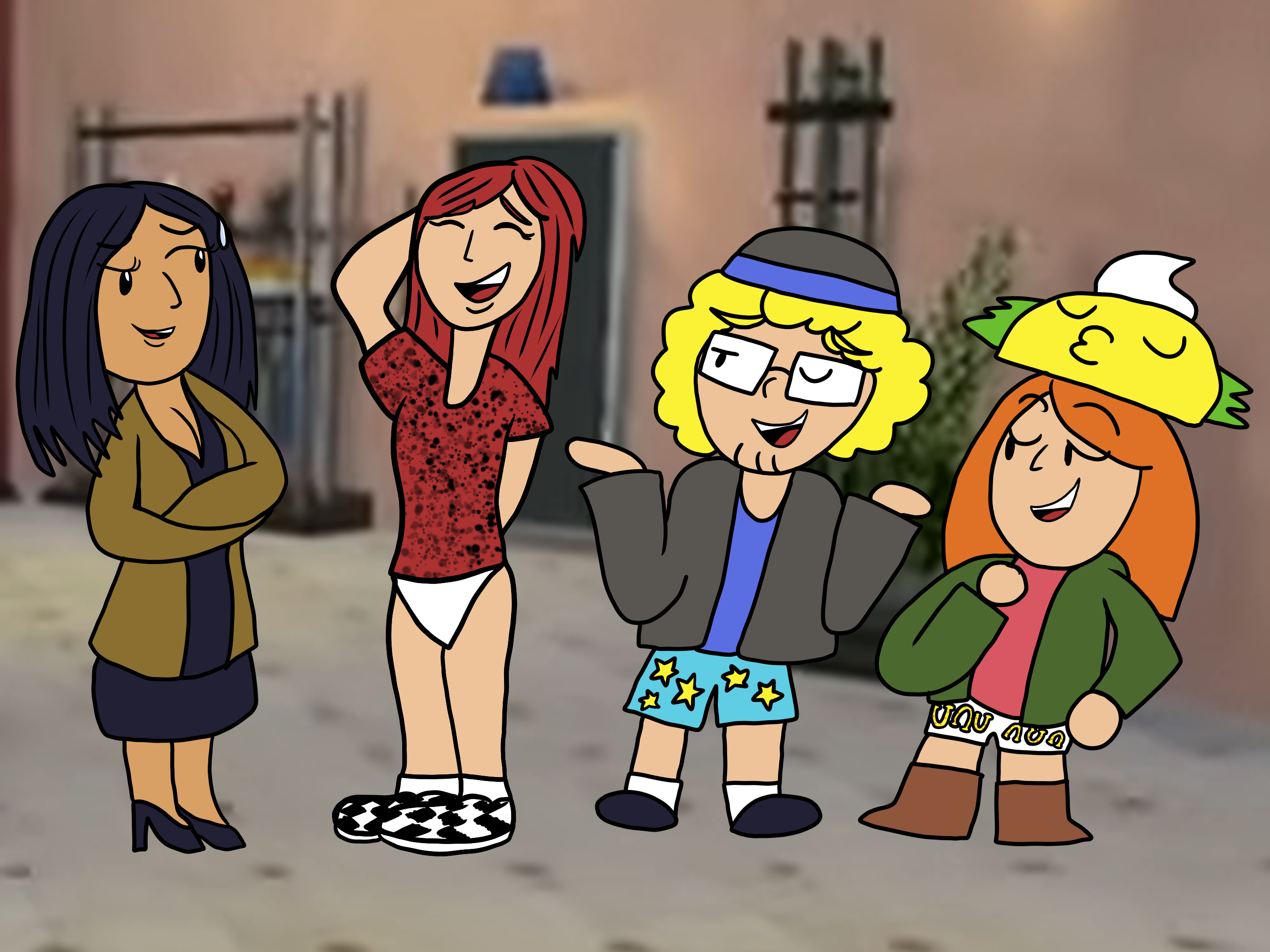 An illustration of a woman in cheetah print next to three people with no pants.