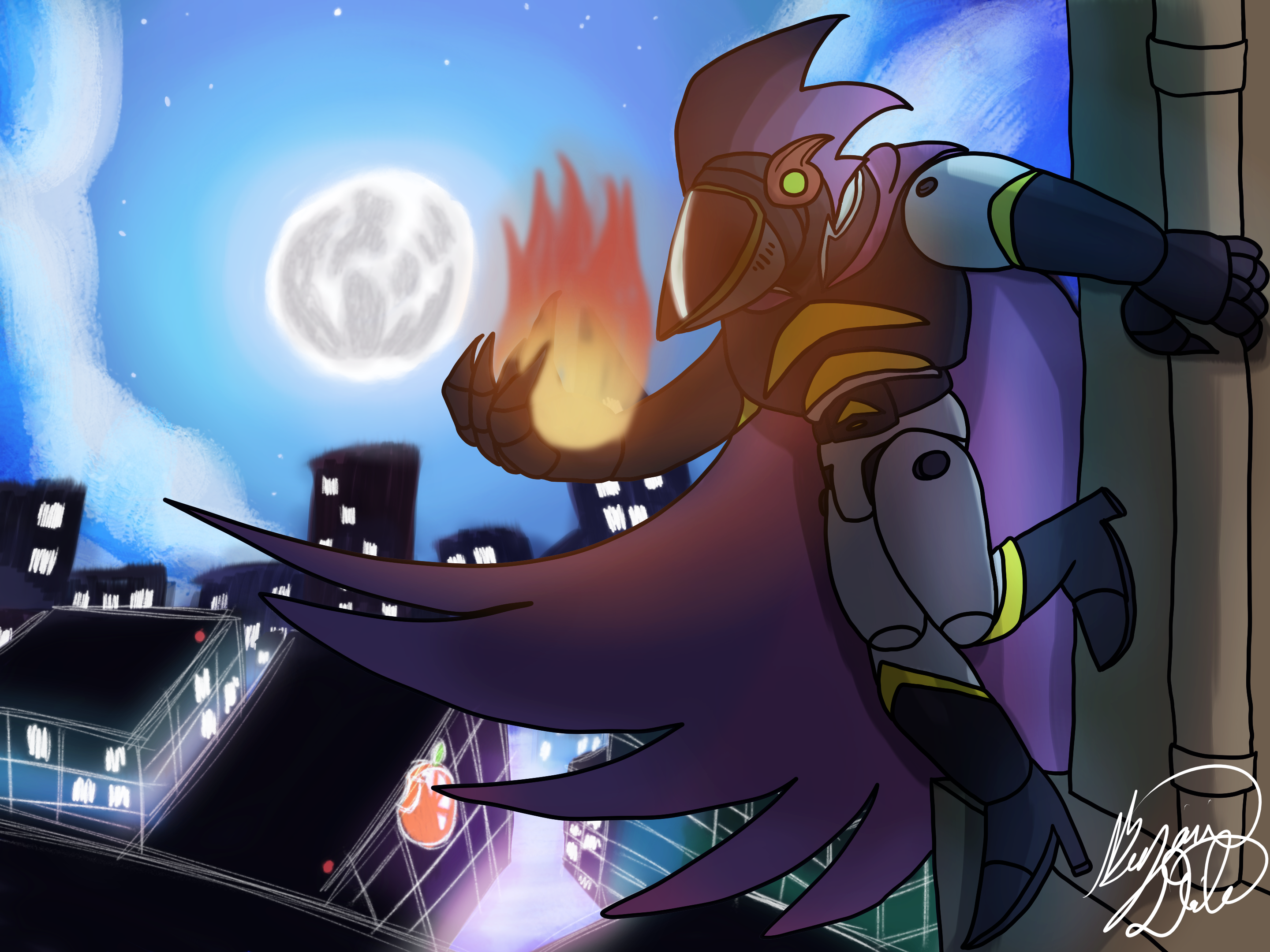 An illustration of a sentai hero standing over a moonlit city with fire in his hands.