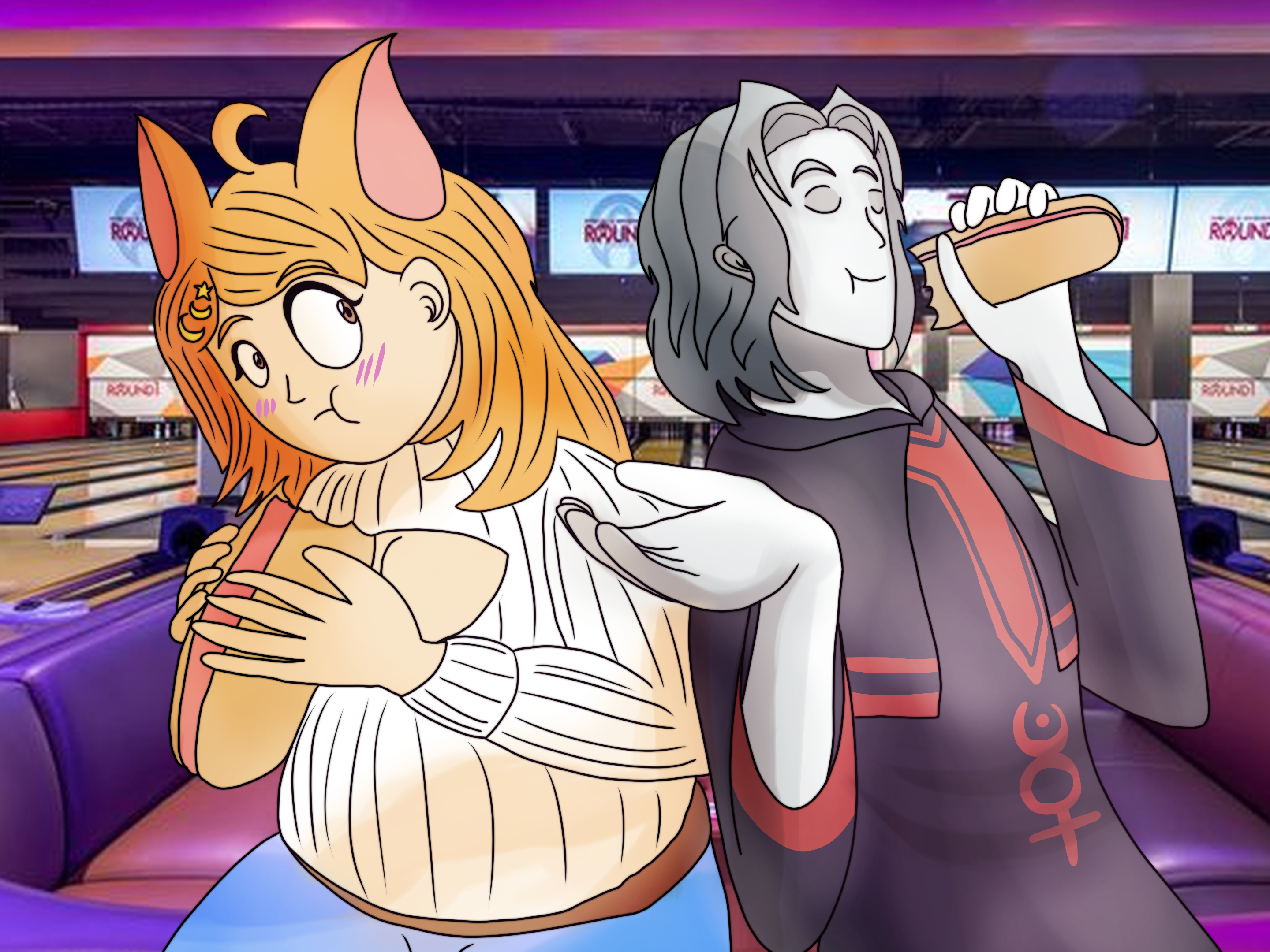 An illustration of a woman with horse ears and a man in a robe eating hot dogs in a bowling alley.