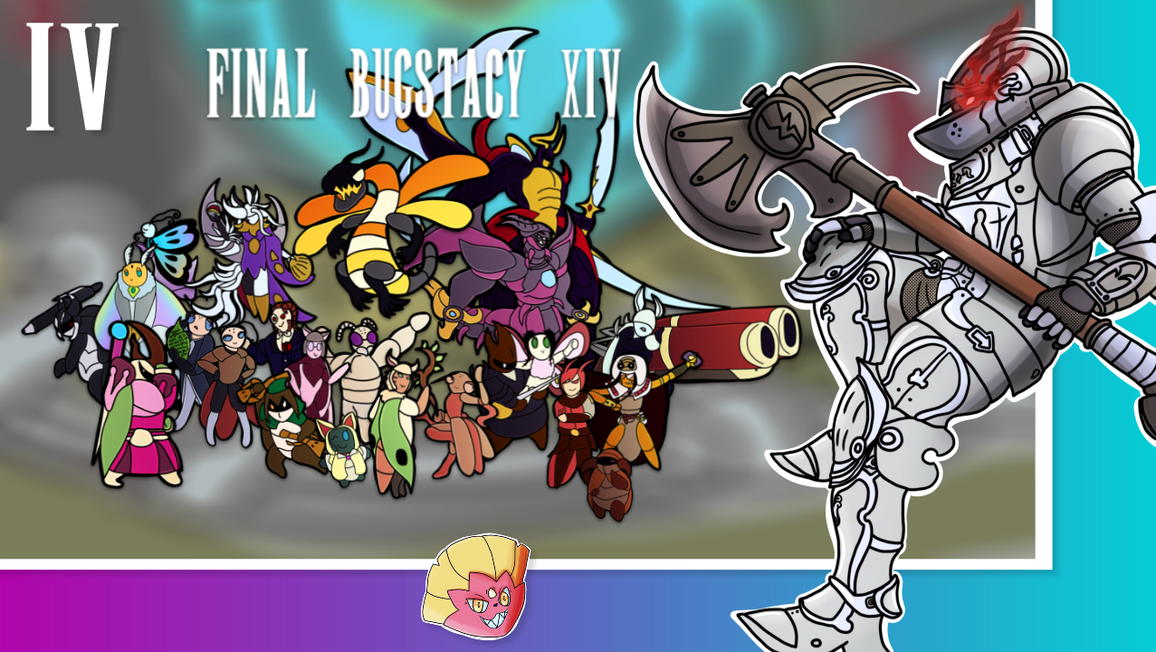 An illustration of the cast of FFXIV as insects alongside art of a knight and a shiny Weavile.