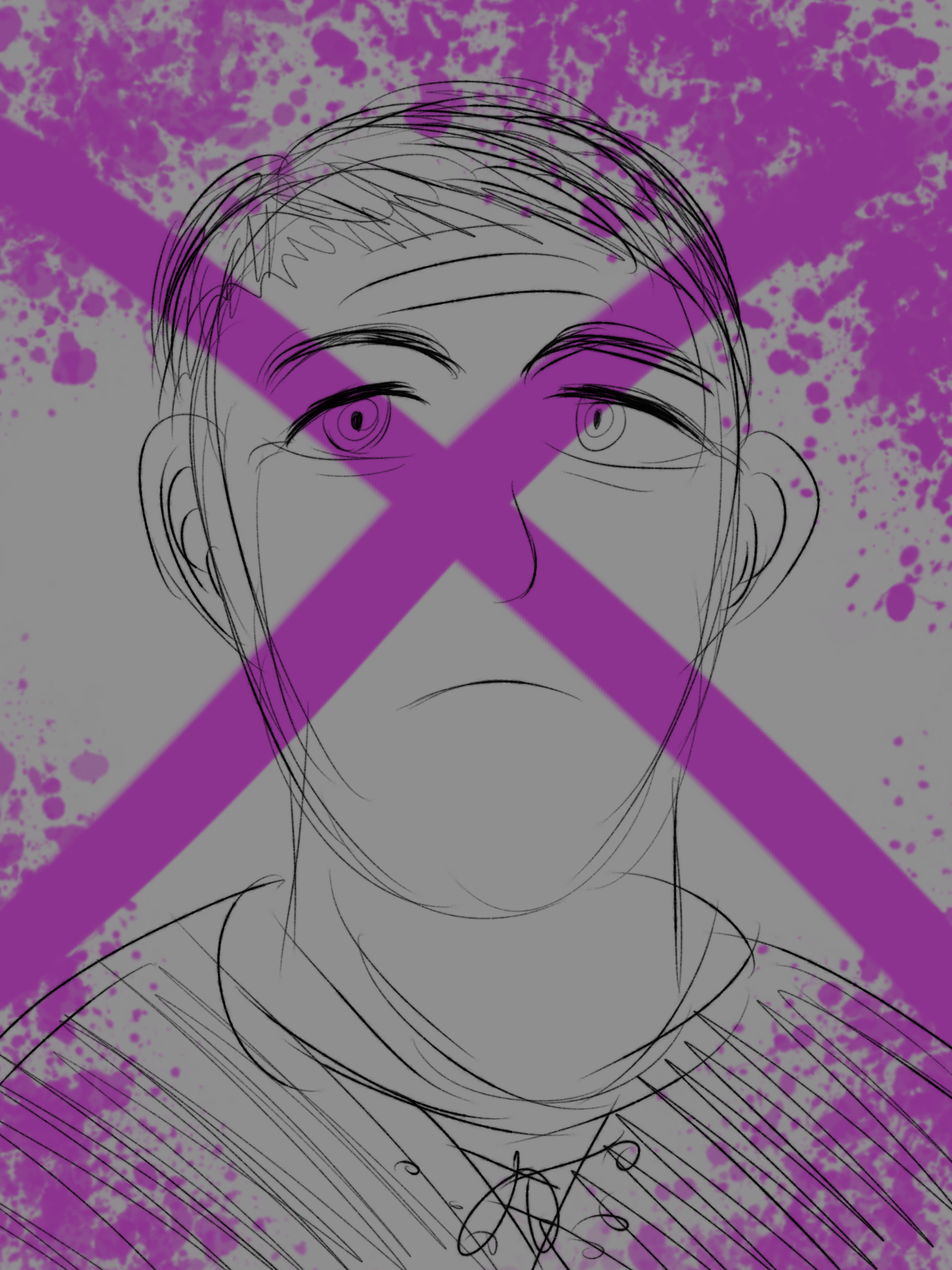 A sketch of a man in the style of Danganronpa crossed out with a hot pink x.