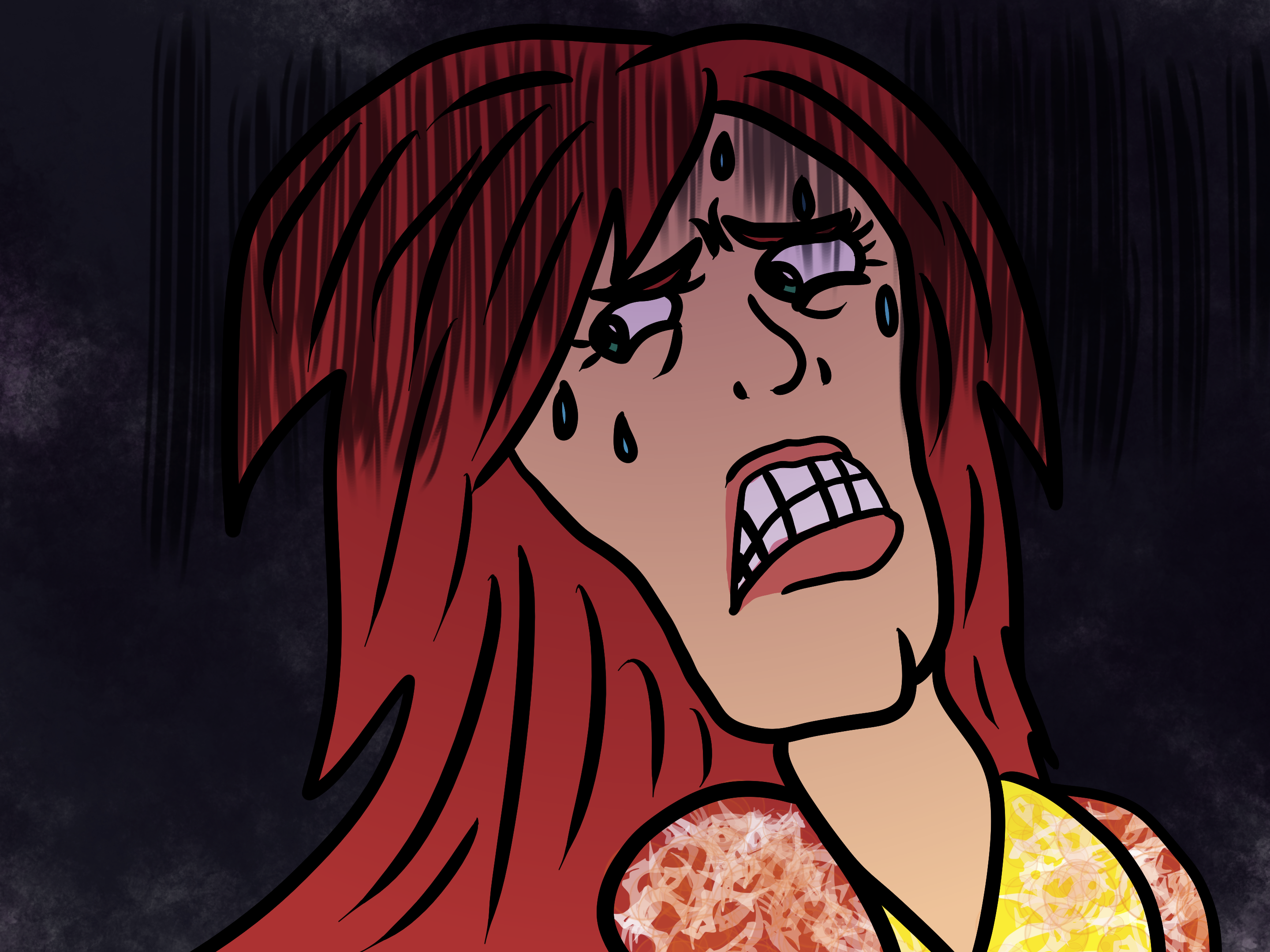 An illustration of a woman with an exaggerated terrified face.