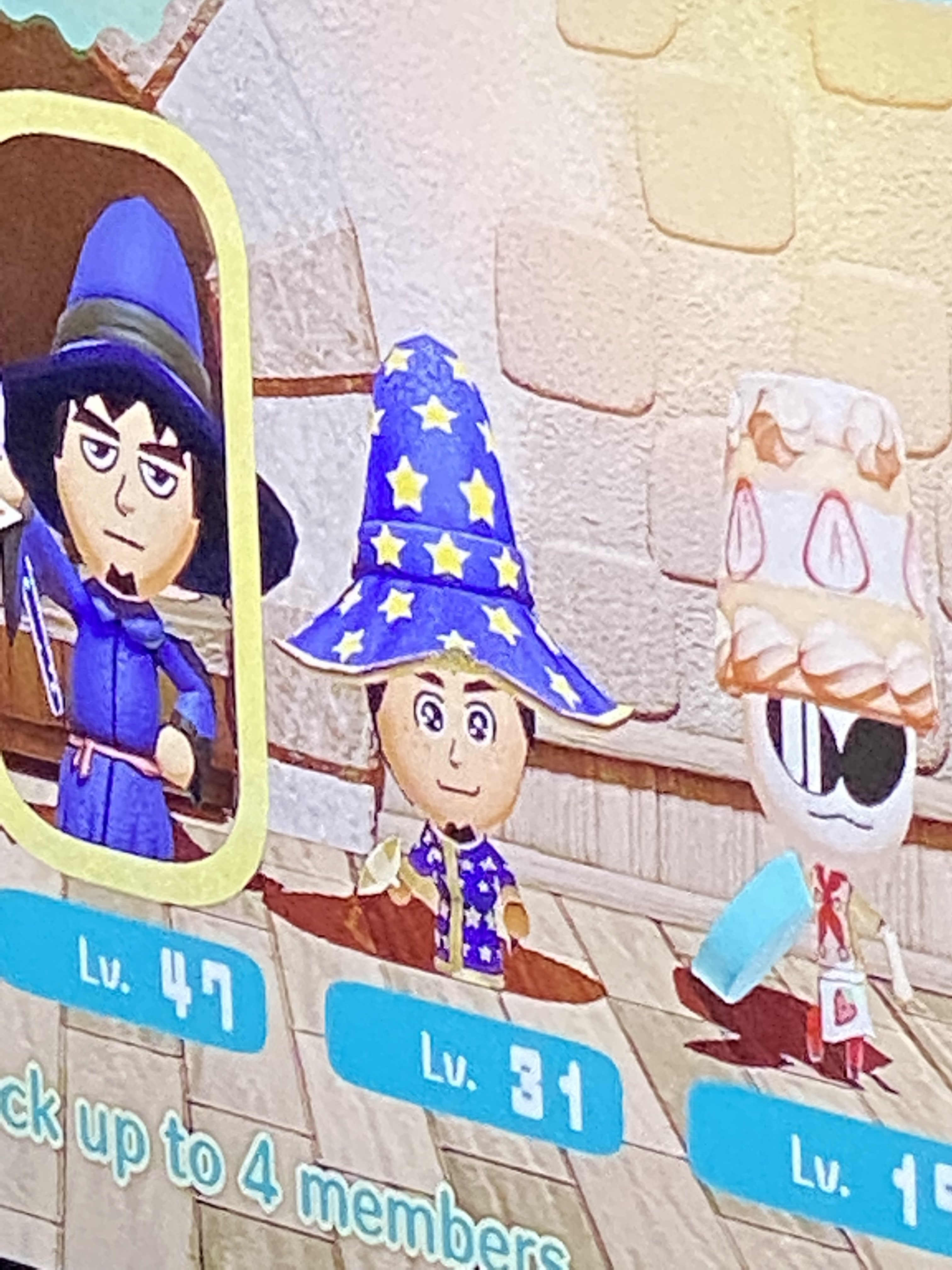 A wizard mii next to a mage mii and an Orbulon mii from Warioware.