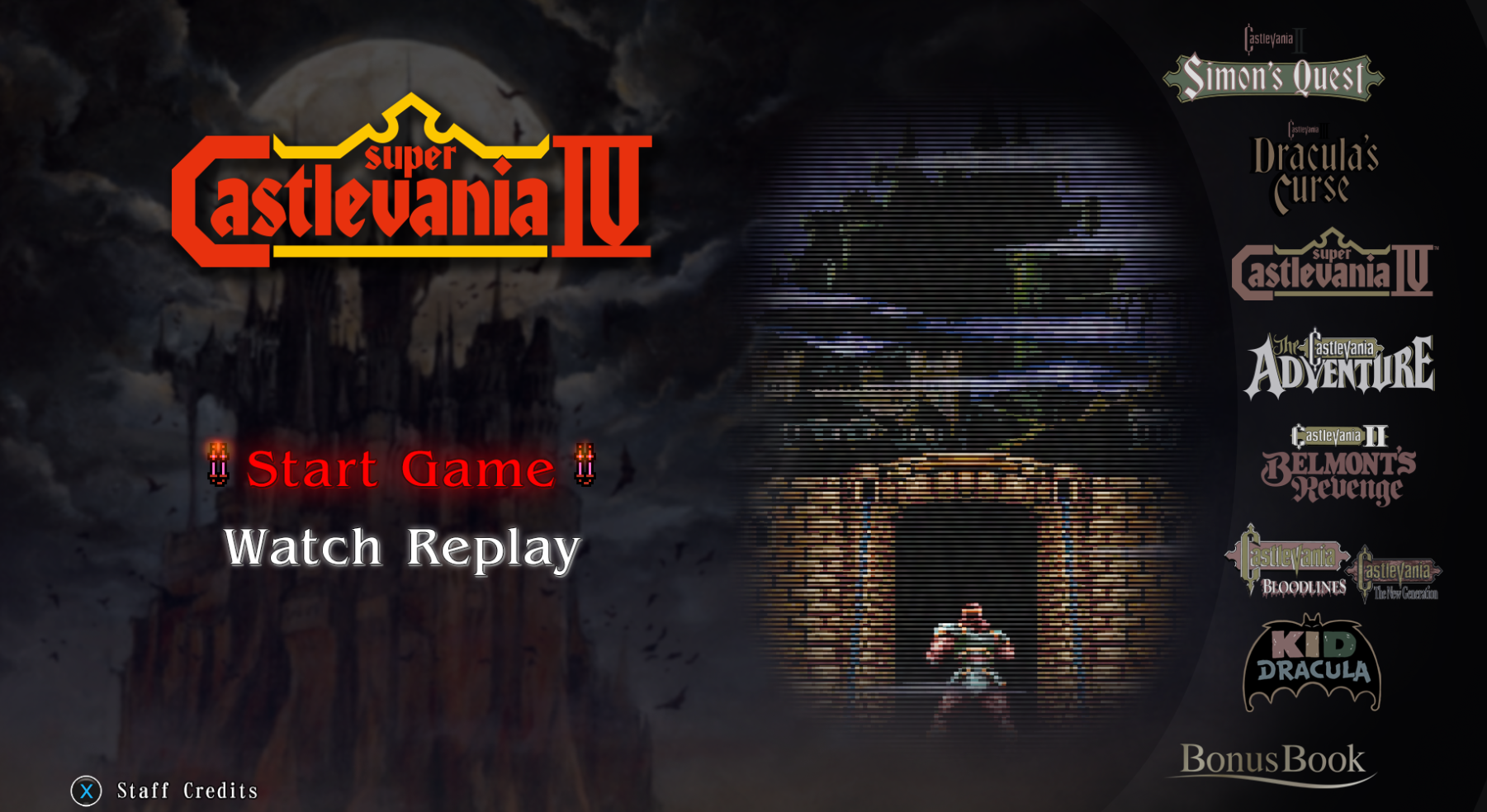 The Castlevania game select screen with Super Castlevania IV selected.