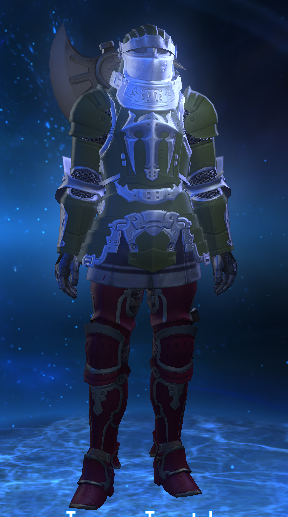 A warrior in FFXIV in red and green armor.