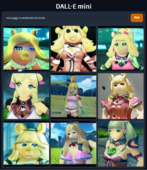 Poorly generated images of Miss Piggy in Xenoblade Chronicles.