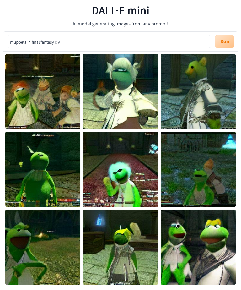 Poorly generated images of muppets in final fantasy XIV.