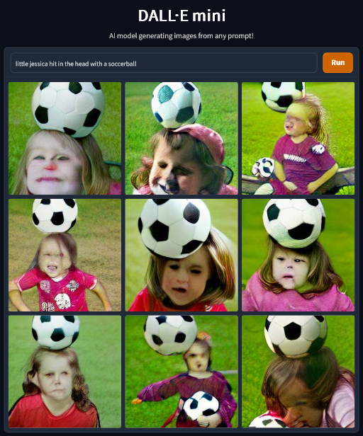 A group of poorly generated images of a girl hit by a soccer ball.