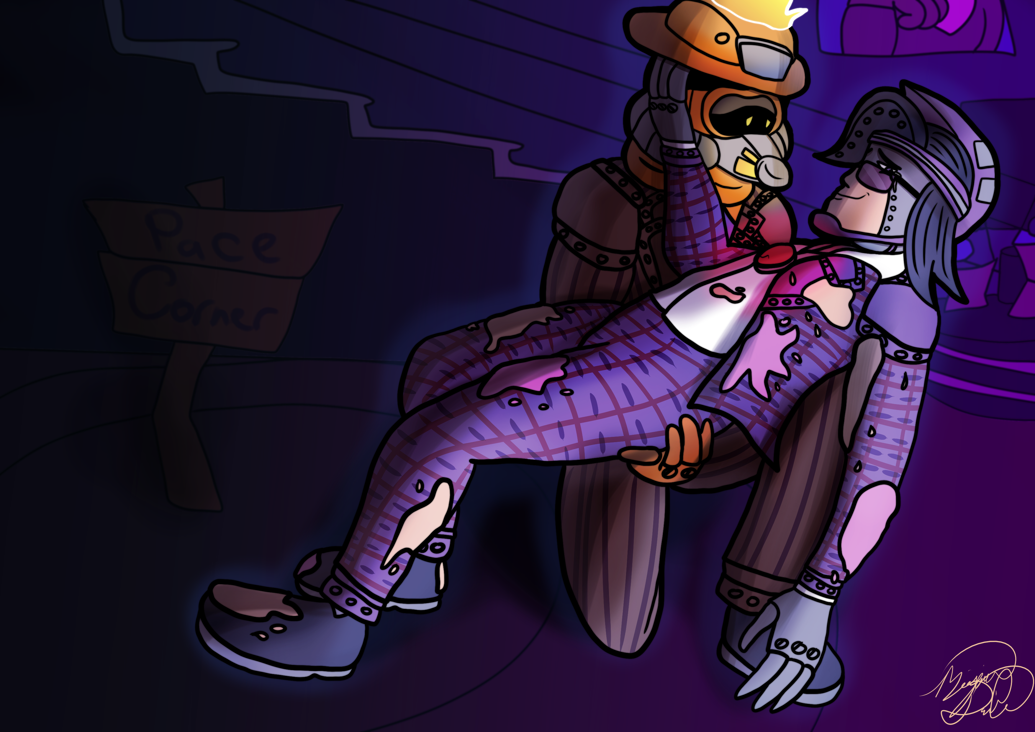 An illustration of Flint holding a defeated Graham from Corporate Clash romantically.