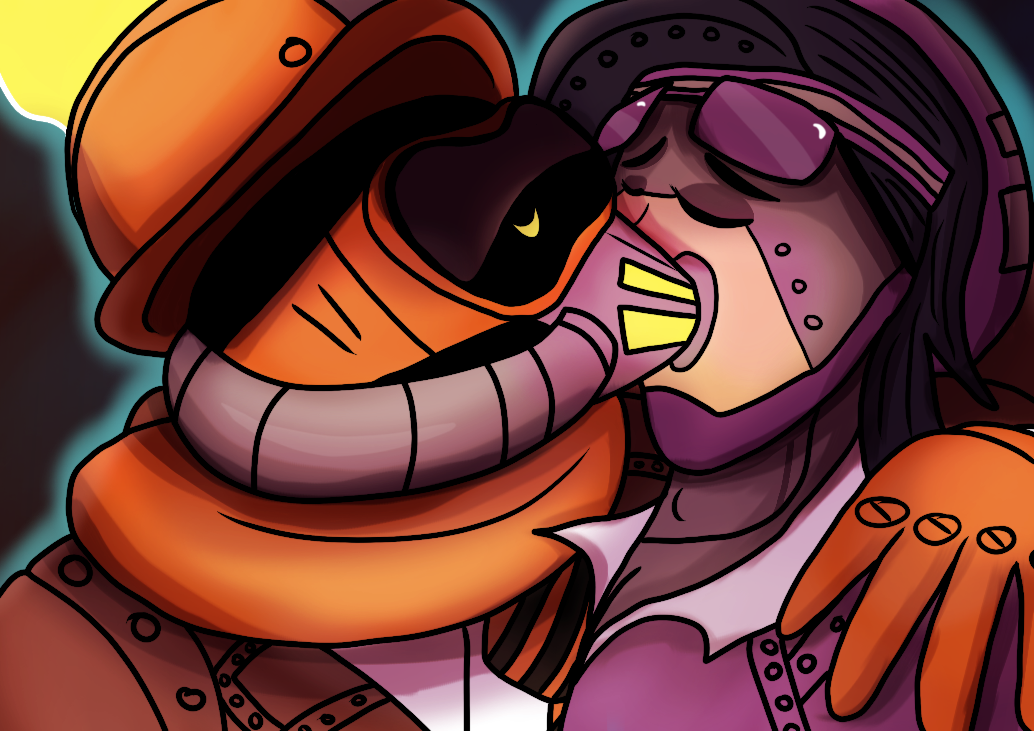 An illustration of Flint and Graham from Corporate Clash kissing.