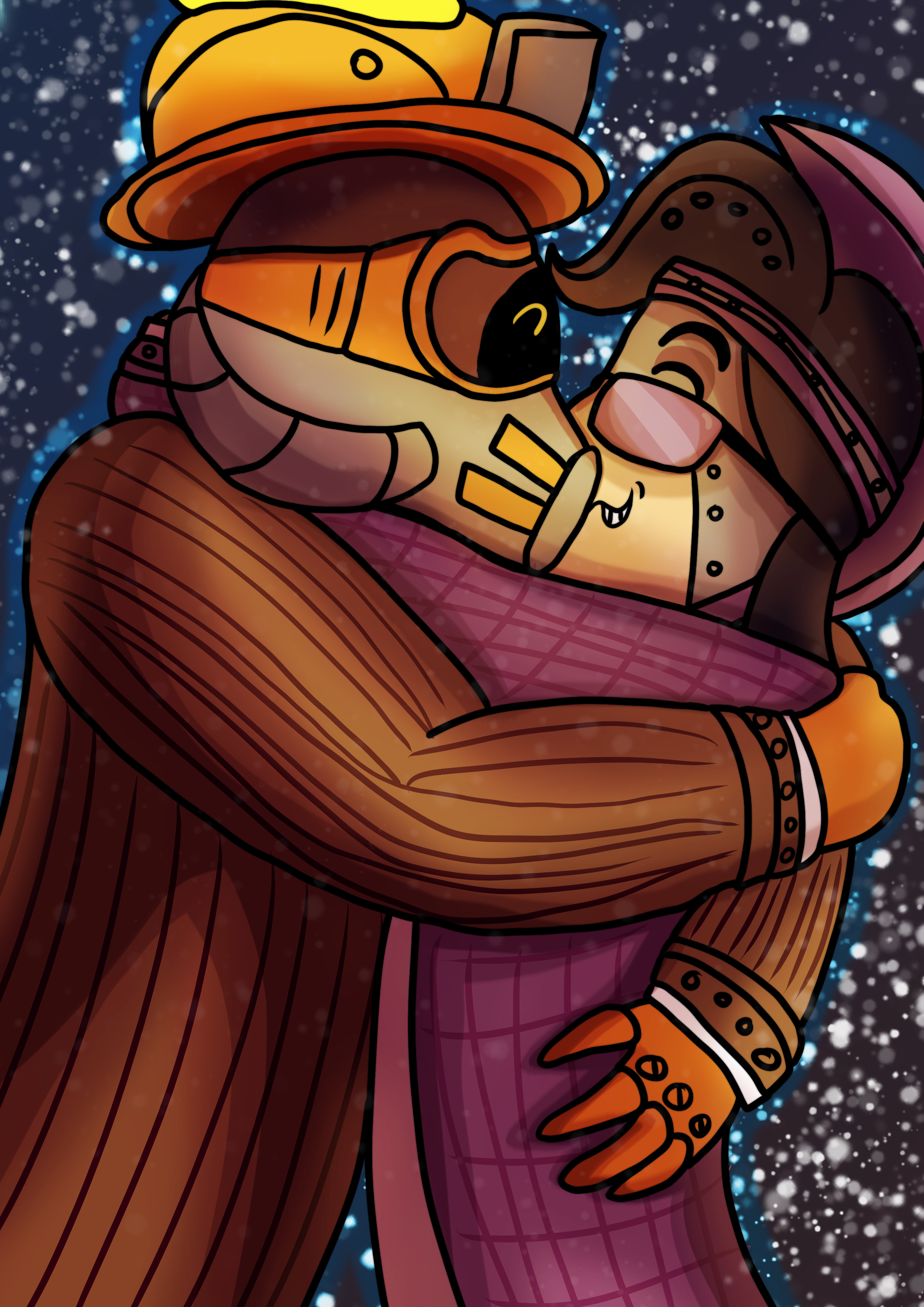 An illustration of Graham and Flint from Corporate Clash hugging.