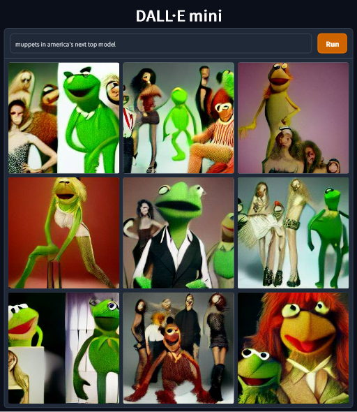 Poorly generated images of muppets in America's Next Top Model.