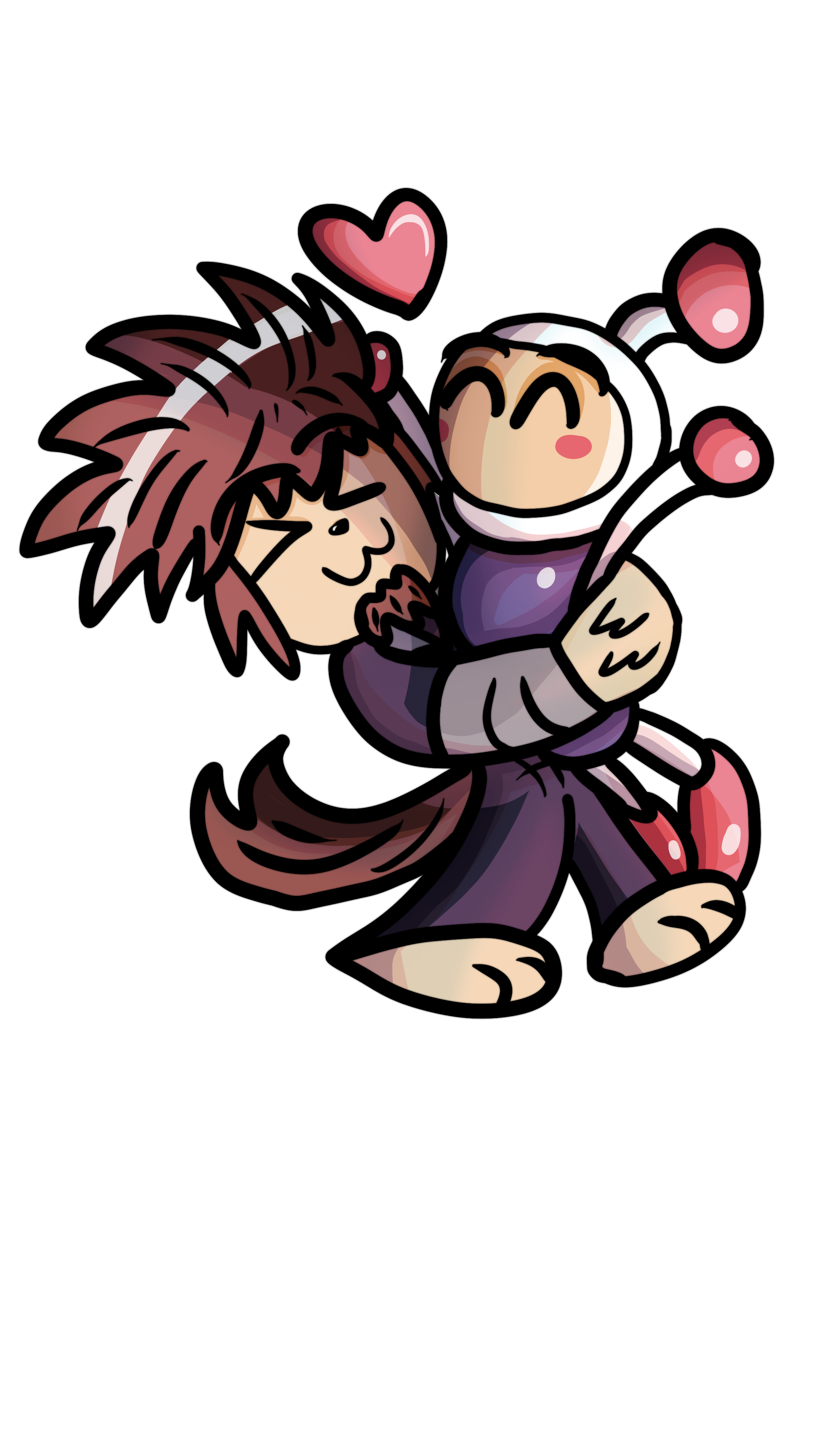 An illustration of FamilyJules hugging Bomberman.